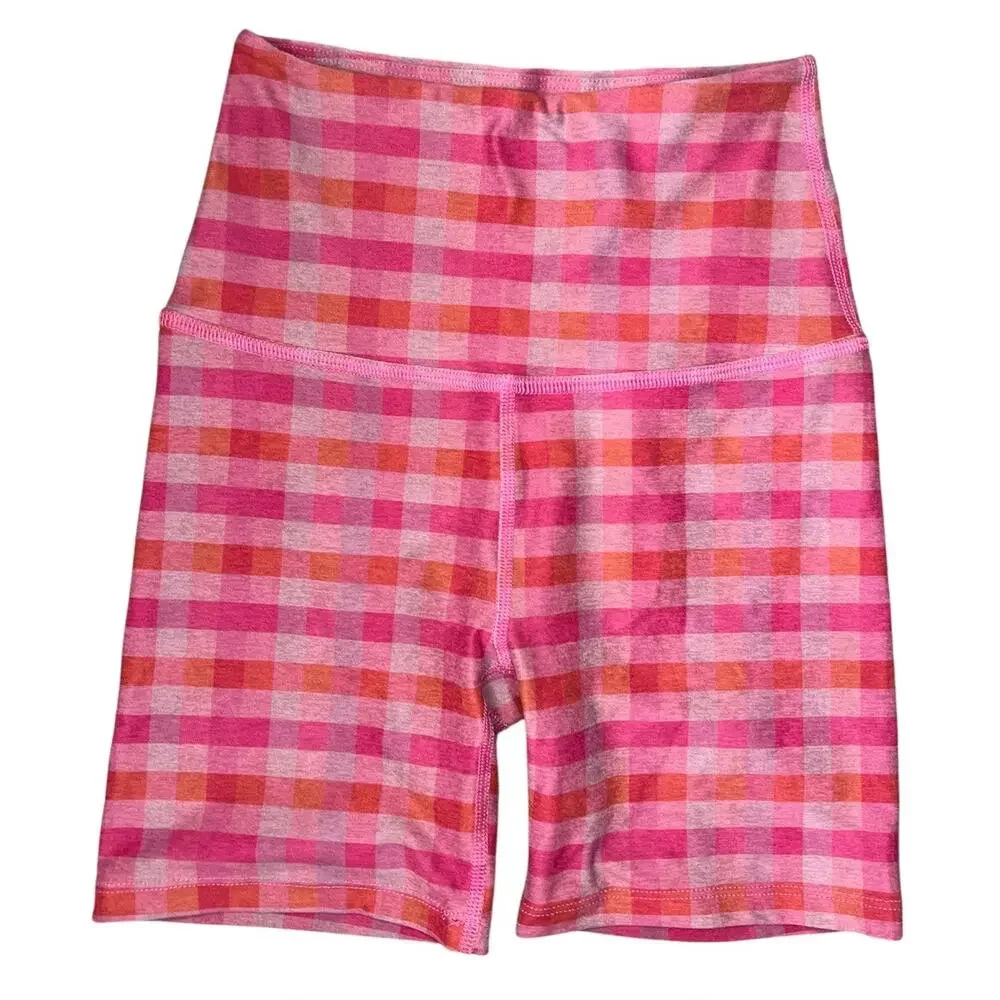 Beyond yoga pink gingham biker shorts activewear yoga workout XS feminine plaid